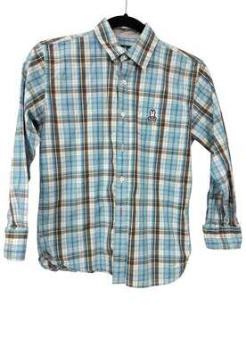 Psycho Bunny Boys Plaid Button Down Shirt Blue Brown Size L/14-16